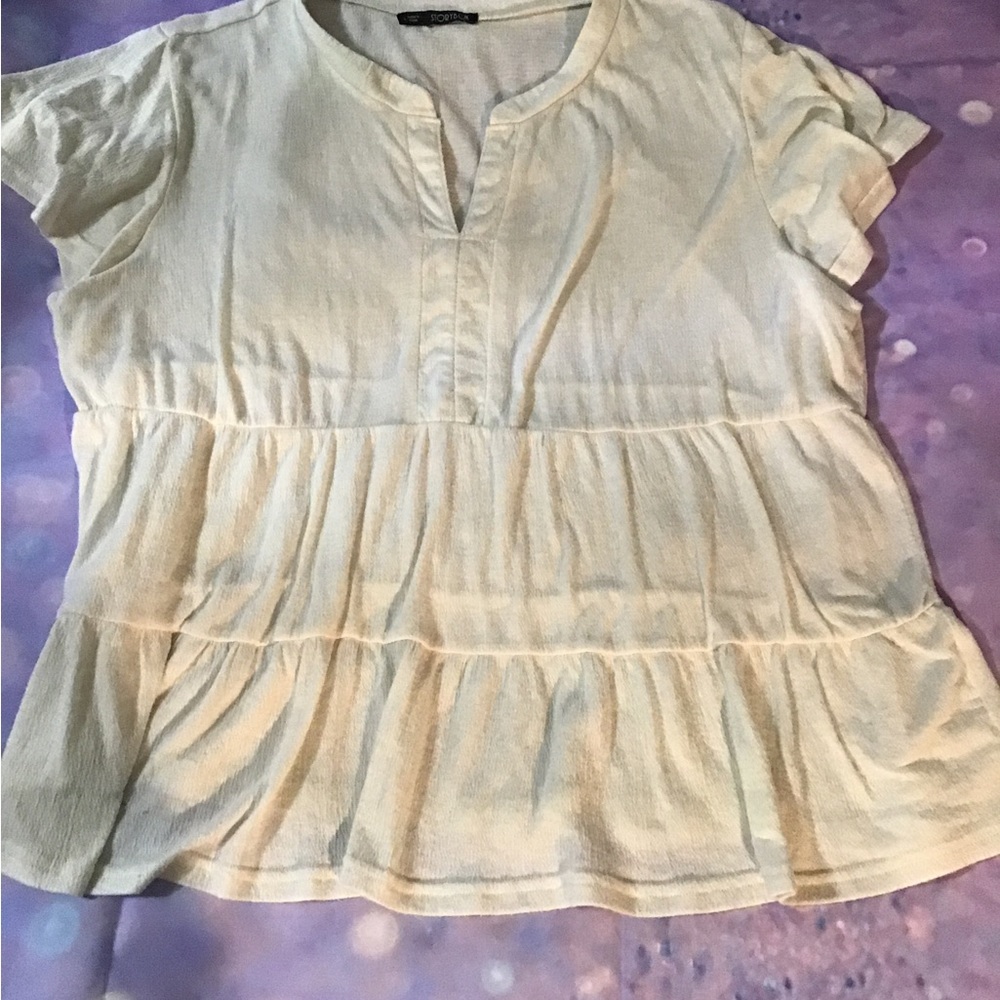 Light Cream Tiered Short-Sleeve Blouse - Soft & Feminine